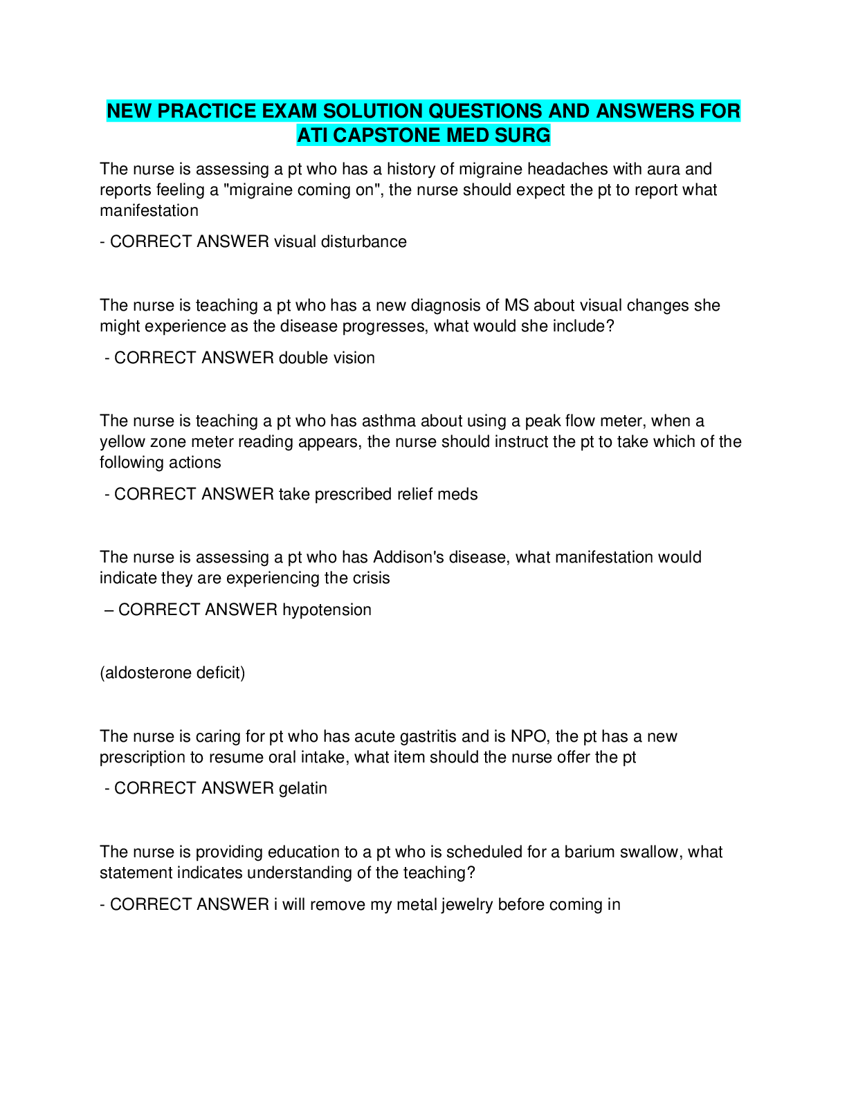 Preview image for NEW PRACTICE EXAM SOLUTION QUESTIONS AND ANSWERS FOR  ATI CAPSTONE MED SURG